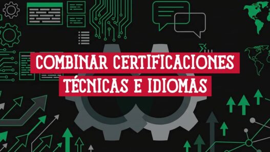 Engranajes y motivos tecnológicos junto a burbujas de diálogo y un mapamundi: combinar certificaciones técnicas e idiomas