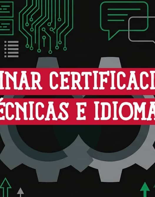 Engranajes y motivos tecnológicos junto a burbujas de diálogo y un mapamundi: combinar certificaciones técnicas e idiomas
