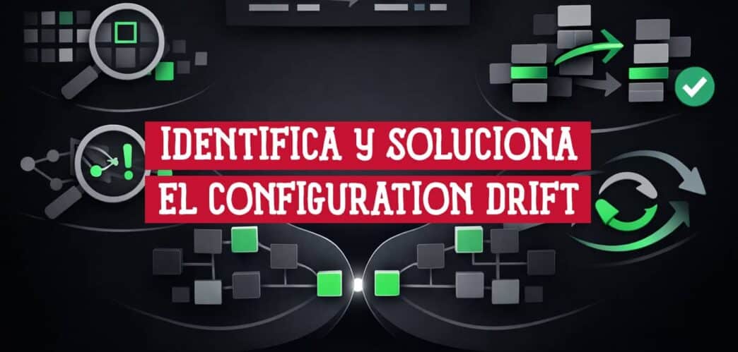 Iconos de detección, comparación y corrección del configuration drift junto a diagramas de red sobre fondo oscuro