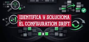 Iconos de detección, comparación y corrección del configuration drift junto a diagramas de red sobre fondo oscuro