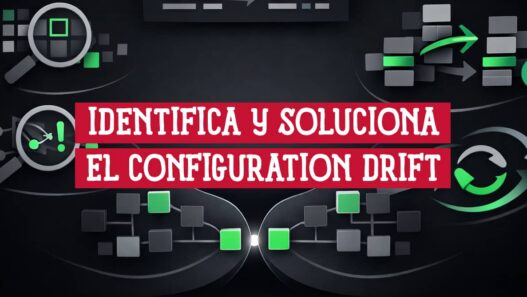 Iconos de detección, comparación y corrección del configuration drift junto a diagramas de red sobre fondo oscuro