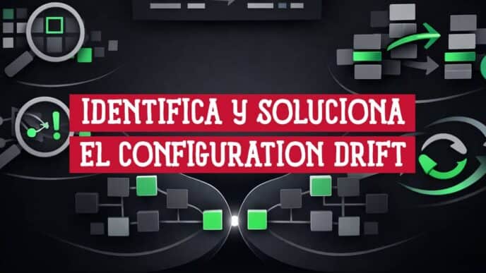 Iconos de detección, comparación y corrección del configuration drift junto a diagramas de red sobre fondo oscuro