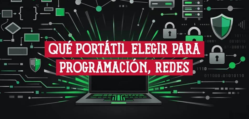 Portátil para programación y ciberseguridad rodeado de iconos de código, redes y candados de seguridad