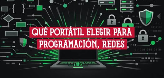 Portátil para programación y ciberseguridad rodeado de iconos de código, redes y candados de seguridad