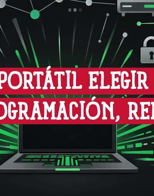 Portátil para programación y ciberseguridad rodeado de iconos de código, redes y candados de seguridad