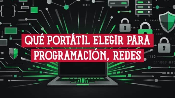Portátil para programación y ciberseguridad rodeado de iconos de código, redes y candados de seguridad