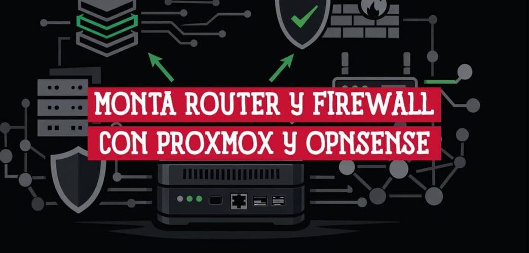 Mini PC rodeado de iconos de router, firewall y servidores para montar Proxmox y OPNsense