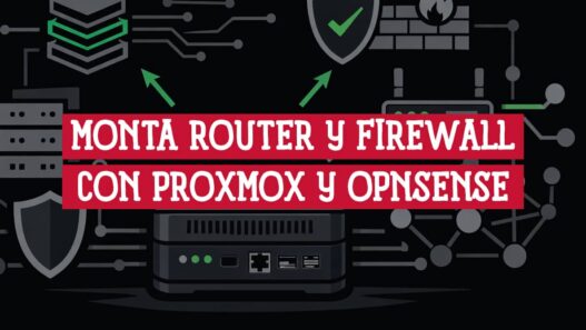 Mini PC rodeado de iconos de router, firewall y servidores para montar Proxmox y OPNsense