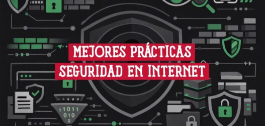 Portada del artículo sobre mejores prácticas de seguridad en internet: escudo central rodeado de iconos de candados, escudos y redes sobre fondo oscuro.