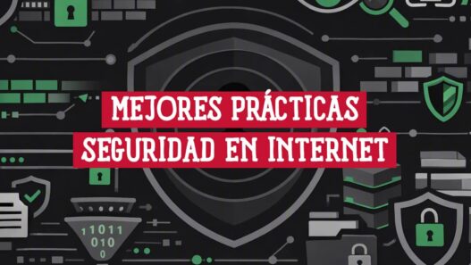 Portada del artículo sobre mejores prácticas de seguridad en internet: escudo central rodeado de iconos de candados, escudos y redes sobre fondo oscuro.
