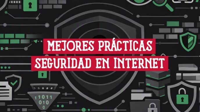 Portada del artículo sobre mejores prácticas de seguridad en internet: escudo central rodeado de iconos de candados, escudos y redes sobre fondo oscuro.
