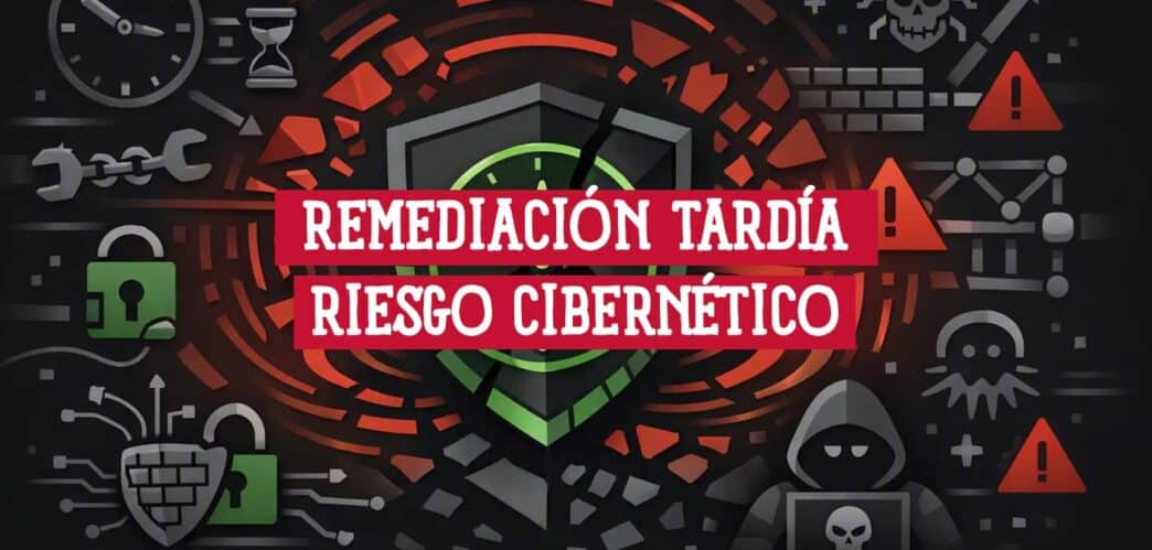 Escudo de seguridad agrietado entre candados, un reloj y un atacante encapuchado, sobre la remediación tardía