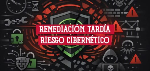 Escudo de seguridad agrietado entre candados, un reloj y un atacante encapuchado, sobre la remediación tardía