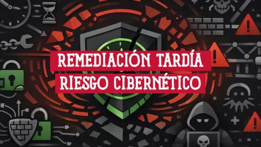 Escudo de seguridad agrietado entre candados, un reloj y un atacante encapuchado, sobre la remediación tardía