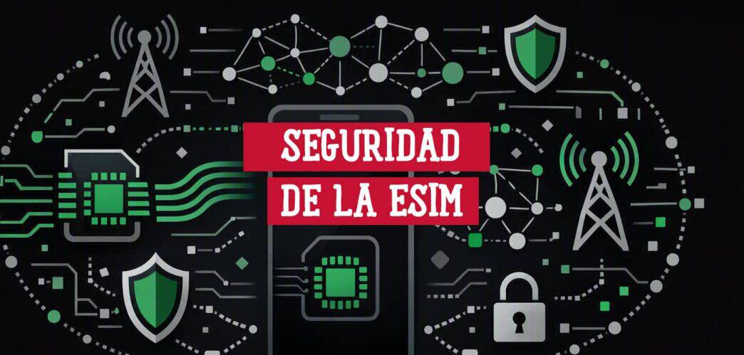 Seguridad de la eSIM: chip eSIM, antenas de red móvil, escudos y candado sobre un fondo de circuitos