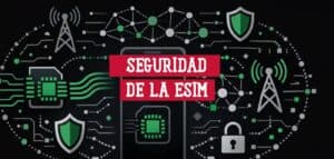 Seguridad de la eSIM: chip eSIM, antenas de red móvil, escudos y candado sobre un fondo de circuitos