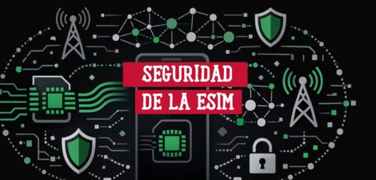 Seguridad de la eSIM: chip eSIM, antenas de red móvil, escudos y candado sobre un fondo de circuitos