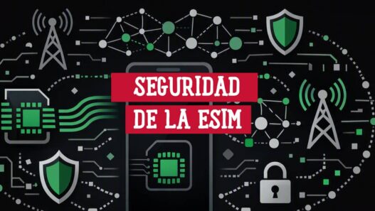 Seguridad de la eSIM: chip eSIM, antenas de red móvil, escudos y candado sobre un fondo de circuitos