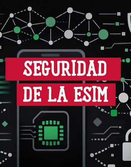 Seguridad de la eSIM: chip eSIM, antenas de red móvil, escudos y candado sobre un fondo de circuitos