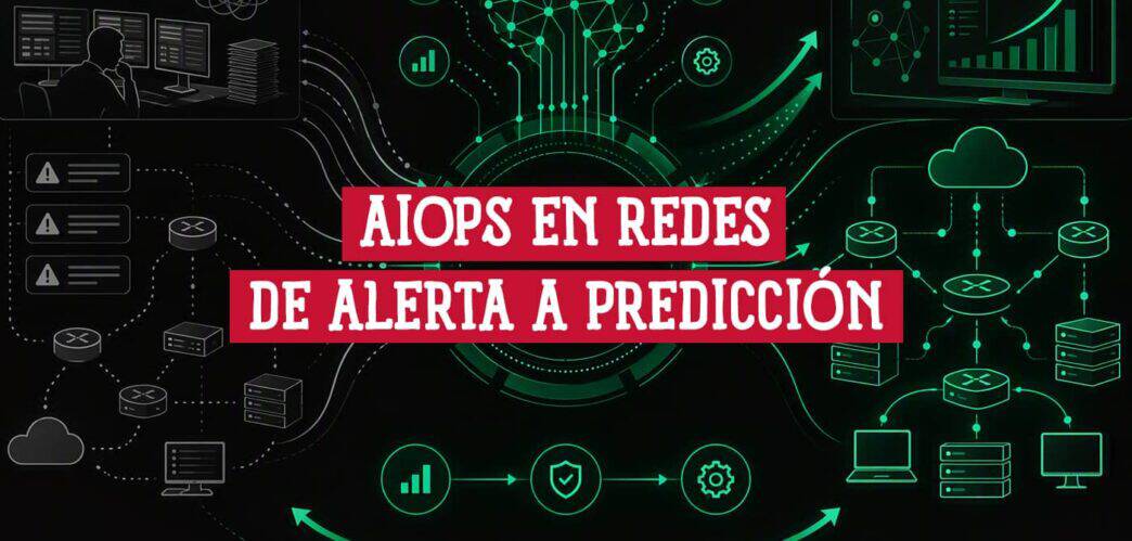 Alertas apiladas y una red dispersa a la izquierda frente a una topología ordenada a la derecha: AIOps en redes