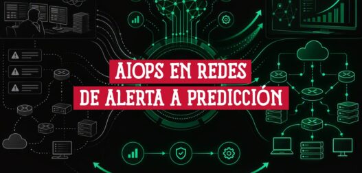 Alertas apiladas y una red dispersa a la izquierda frente a una topología ordenada a la derecha: AIOps en redes
