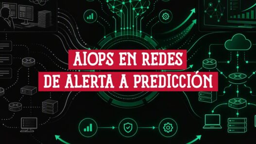 Alertas apiladas y una red dispersa a la izquierda frente a una topología ordenada a la derecha: AIOps en redes