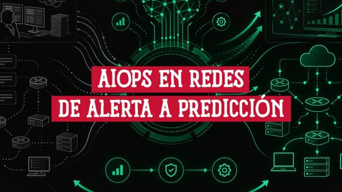 Alertas apiladas y una red dispersa a la izquierda frente a una topología ordenada a la derecha: AIOps en redes