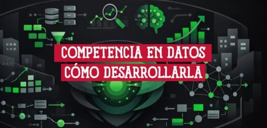 Íconos de bases de datos, gráficas y análisis sobre fondo oscuro tecnológico con el título competencia en datos