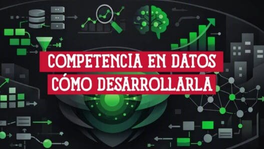 Íconos de bases de datos, gráficas y análisis sobre fondo oscuro tecnológico con el título competencia en datos