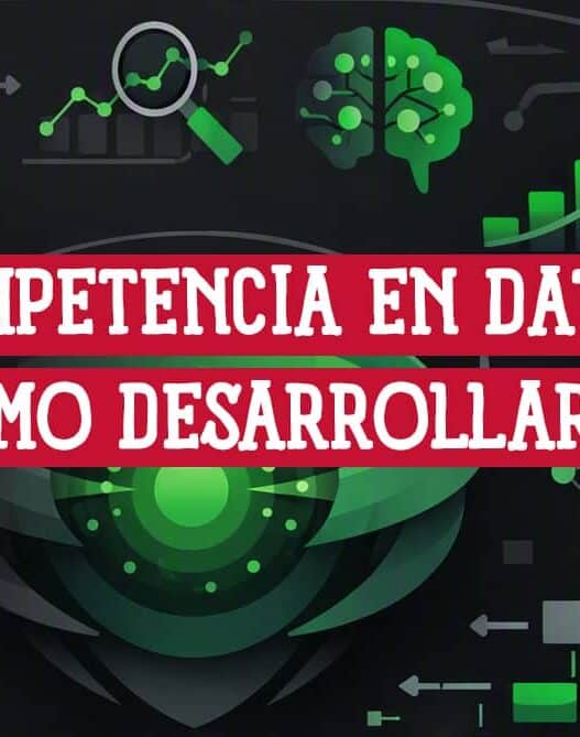 Íconos de bases de datos, gráficas y análisis sobre fondo oscuro tecnológico con el título competencia en datos