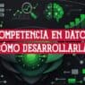 Íconos de bases de datos, gráficas y análisis sobre fondo oscuro tecnológico con el título competencia en datos