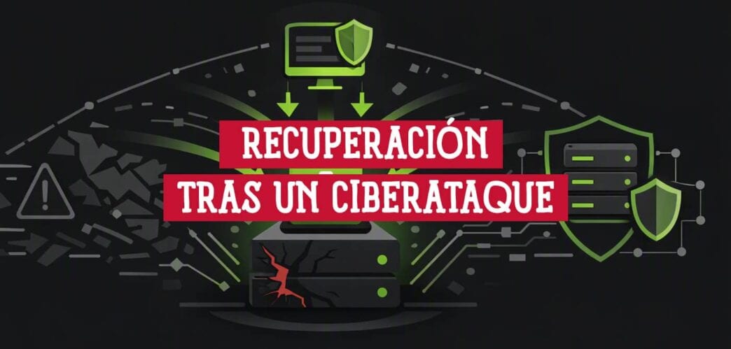Servidor agrietado por un ciberataque restaurado desde una imagen, junto a servidores protegidos con escudos