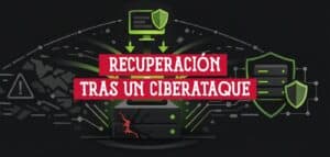 Servidor agrietado por un ciberataque restaurado desde una imagen, junto a servidores protegidos con escudos
