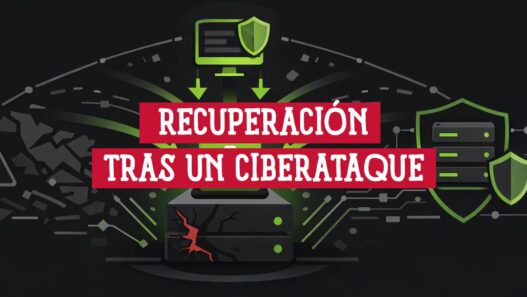 Servidor agrietado por un ciberataque restaurado desde una imagen, junto a servidores protegidos con escudos