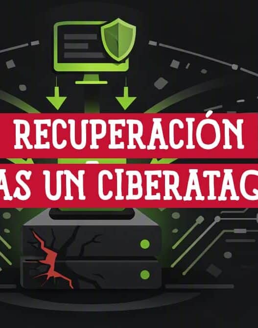 Servidor agrietado por un ciberataque restaurado desde una imagen, junto a servidores protegidos con escudos