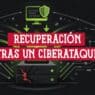 Servidor agrietado por un ciberataque restaurado desde una imagen, junto a servidores protegidos con escudos