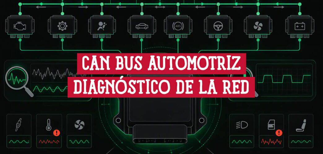 Módulos del vehículo conectados a la red CAN bus automotriz, con la ECU central y señales de diagnóstico de cada sensor