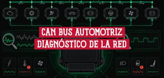 Módulos del vehículo conectados a la red CAN bus automotriz, con la ECU central y señales de diagnóstico de cada sensor