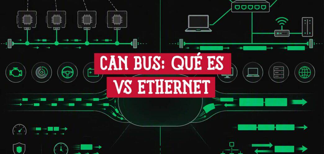 CAN bus: módulos en un bus con terminaciones frente a una red Ethernet con switch, laptop y servidor