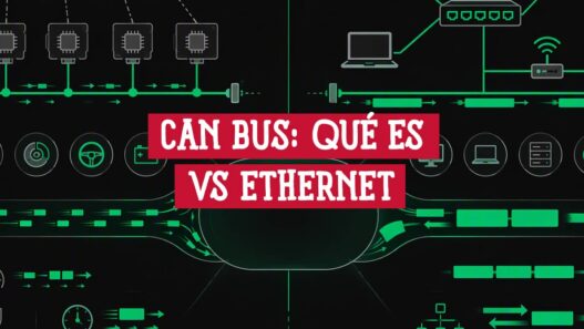 CAN bus: módulos en un bus con terminaciones frente a una red Ethernet con switch, laptop y servidor
