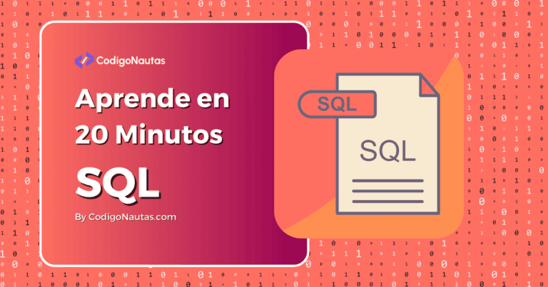 Imagen gráfica con el título "Aprende en 20 Minutos SQL" y un icono de un archivo con la etiqueta "SQL".