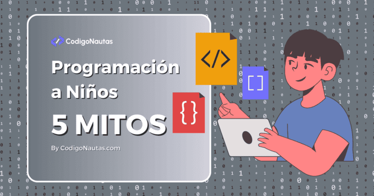 Ilustración de un niño aprendiendo a programar, con código binario de fondo y símbolos de programación.