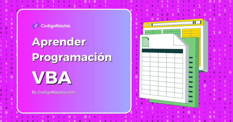 Imagen con un diseño que incluye código binario, una hoja de cálculo y una página web, anunciando un tutorial o curso de programación en VBA.