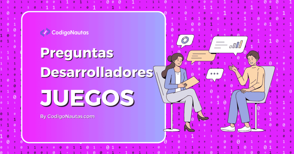 Ilustración de una entrevista de trabajo entre una reclutadora y un desarrollador de videojuegos.