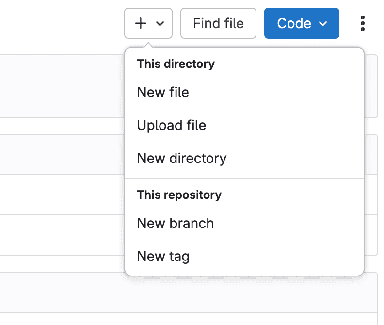 Menú desplegable en la interfaz de GitLab mostrando opciones para añadir un nuevo archivo, subir un archivo, crear un nuevo directorio, una nueva rama ("New branch") o una nueva etiqueta ("New tag") a un repositorio.