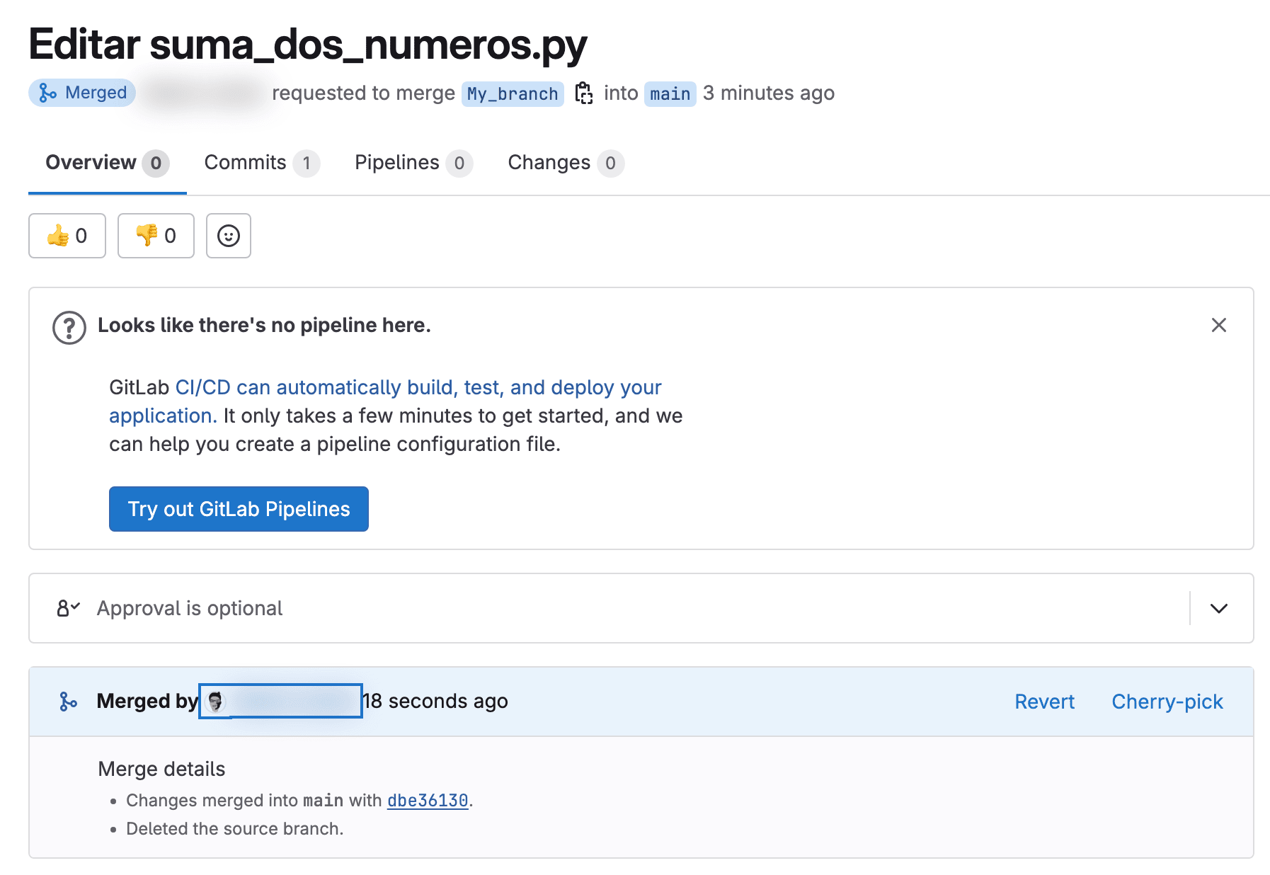 
23:37Aquí tienes el texto SEO para la imagen que muestra la aprobación y fusión de un commit y una rama en GitLab:Texto alternativo (alt text): Captura de pantalla de GitLab mostrando una solicitud de fusión ("Merge Request") ya fusionada ("Merged"). 