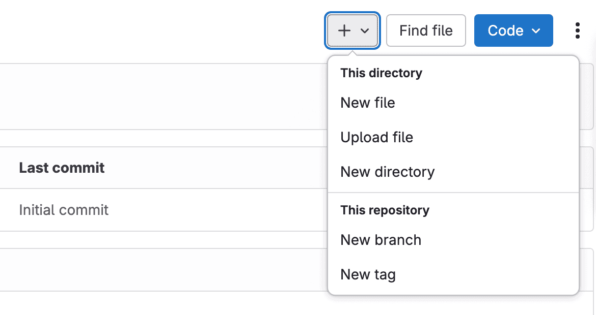 Captura de pantalla de la interfaz de GitLab mostrando un menú desplegable con opciones para agregar nuevos archivos a un proyecto. 
