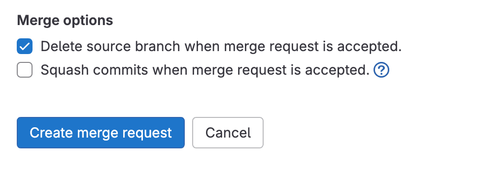 Interfaz de GitLab mostrando las opciones para crear una solicitud de fusión ("Merge Request").