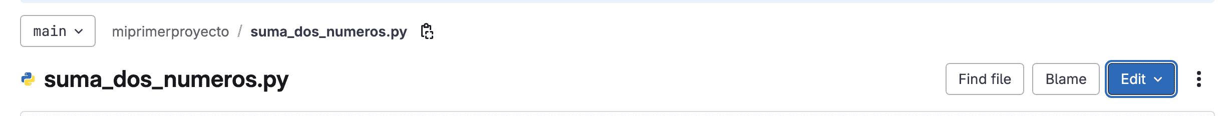 Captura de pantalla que muestra la interfaz de GitLab con un archivo suma_dos_numeros.py seleccionado. 