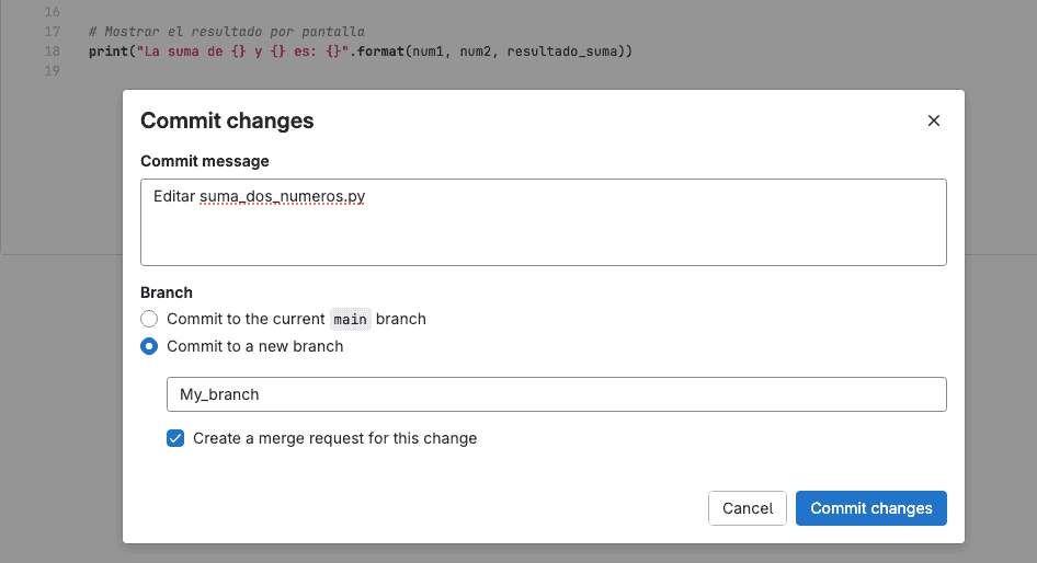 Ventana de GitLab para confirmar cambios ("Commit changes").